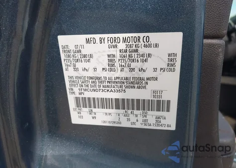 2012 Ford Escape Xlt z USA, uszkodzony, nr VIN 1FMCU9D73CKA33575